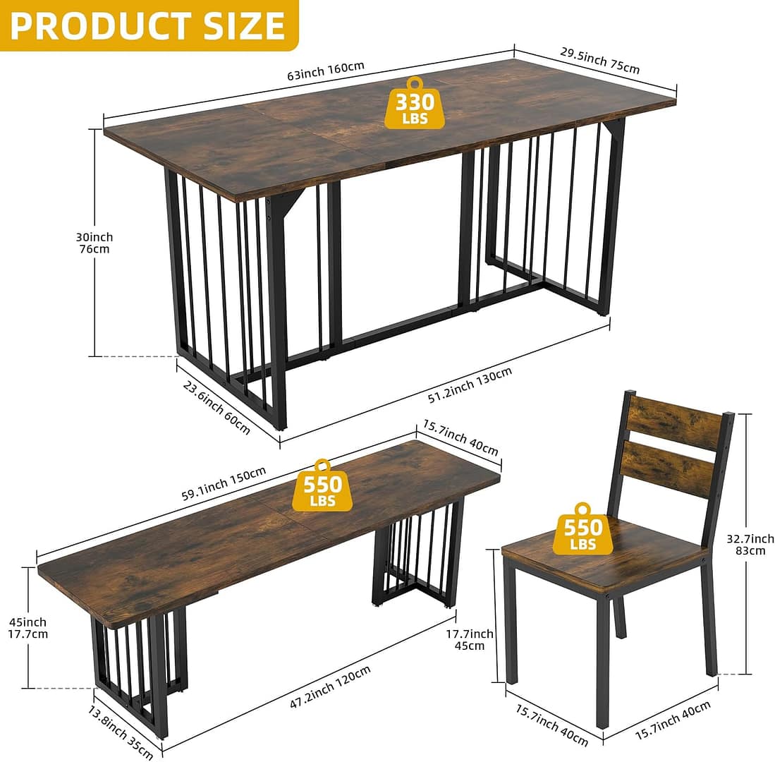 DWVO 63 Inch Dining Table Set for 6-8 People 6-Piece Large Kitchen Table Set with 2 Benches and 4 Chairs Farmhouse Rectangular Dining Room Table Set for Kitchen Dining Room Apartment Rustic Brown
