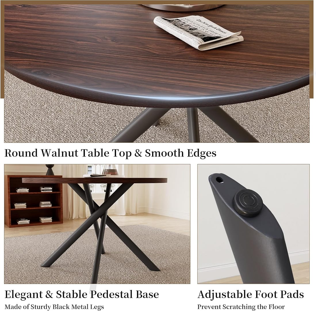 45.3 Inch Round Dining Table Set for 4, Mid Century Modern Small Coffee Set for Dining Room Kitchen Apartment (Walnut Table + 4 U-Shaped Black Chairs)