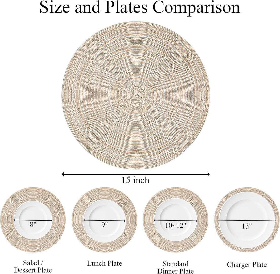 SHACOS 15 inch Round Braided Placemats Set of 6 Non Slip Heat Resistant Round Table Mats Washable Place Mats for Dinner Party Table Decoration (Beige, 6)