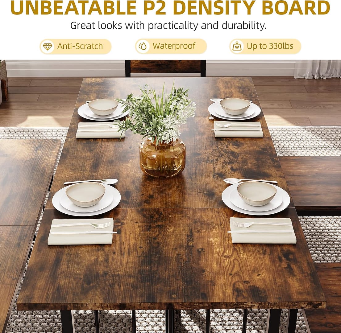 DWVO 63 Inch Dining Table Set for 6-8 People 6-Piece Large Kitchen Table Set with 2 Benches and 4 Chairs Farmhouse Rectangular Dining Room Table Set for Kitchen Dining Room Apartment Rustic Brown