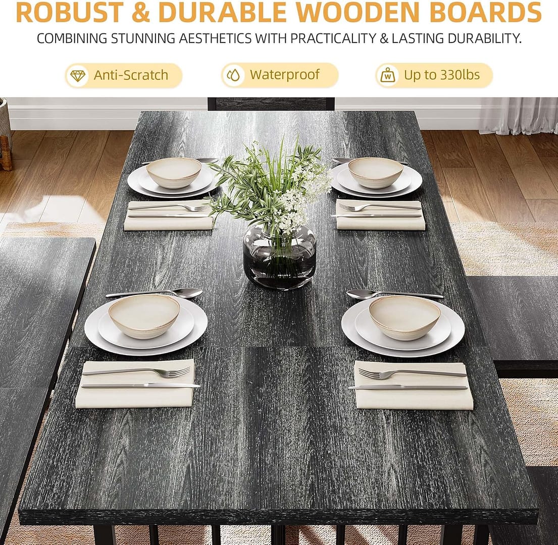 DWVO 6-Piece Dining Table Set for 6-8 People 63 Inch Kitchen Table Set with 2 Benches and 4 Chairs Farmhouse Rectangular Dining Room Table Set for Kitchen Dining Room Apartment Dark Grey