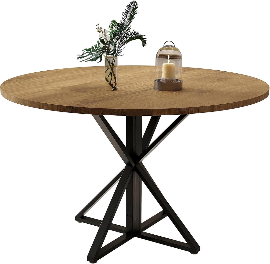 Round Dining Table for 4, 47″ Dining Room Table with Heavy Duty Metal Base, for Kitchen Dinning Room, Brown