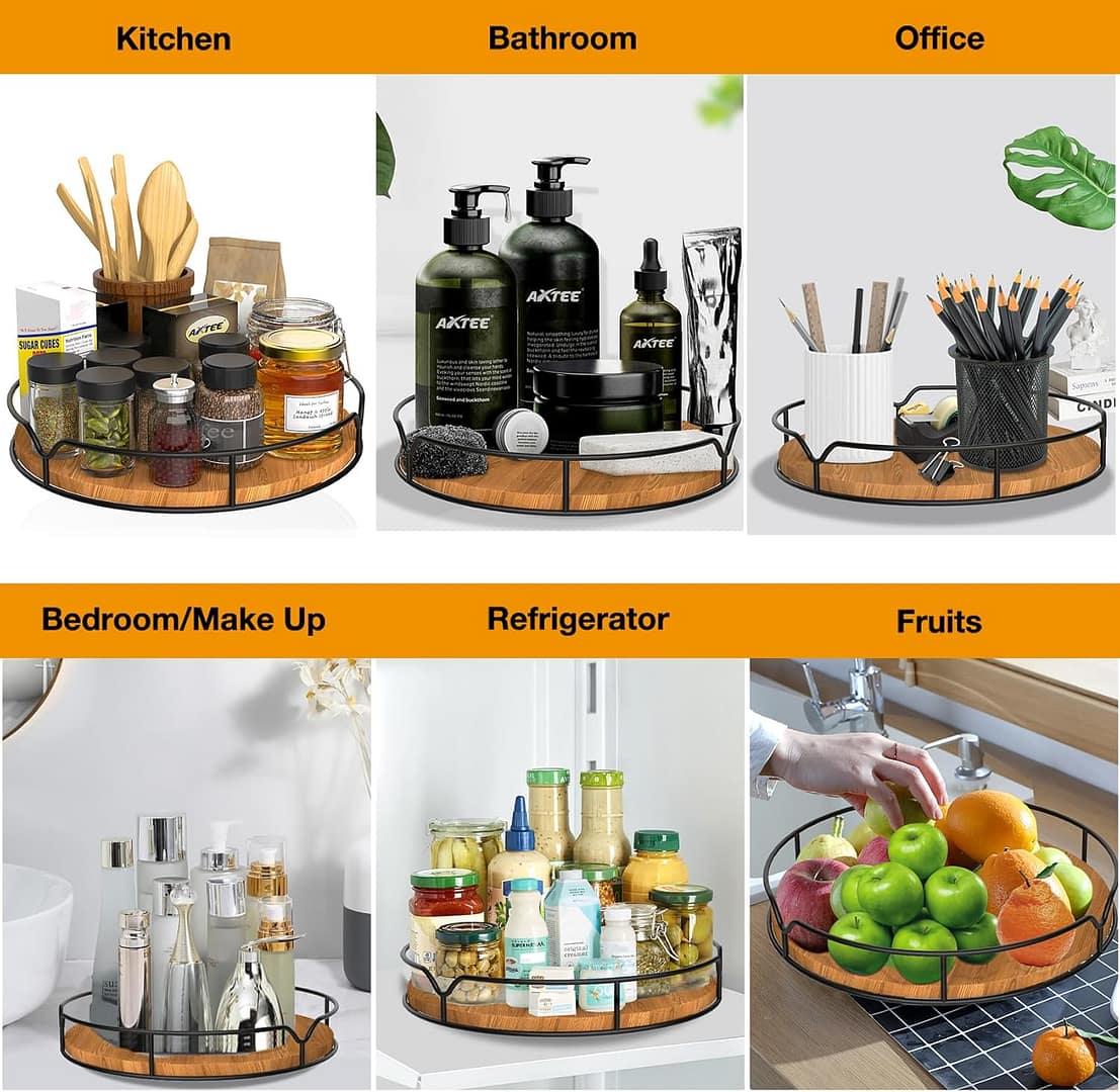 Lazy Susan Turntable Organizer for Cabinet Pantry Kitchen Countertop Refrigerator Cupboard, Pine Wood, 9″, Carbonized Black