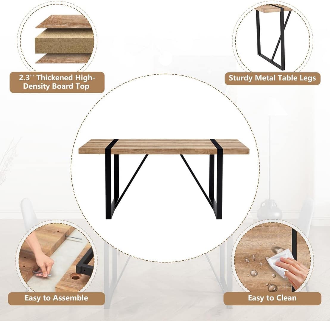 55” Kitchen Table,Dinner Table for 4-6, Kitchen & Dining Room Tables,Wood Dining Table with Metal Legs for Living Room & Dining Room