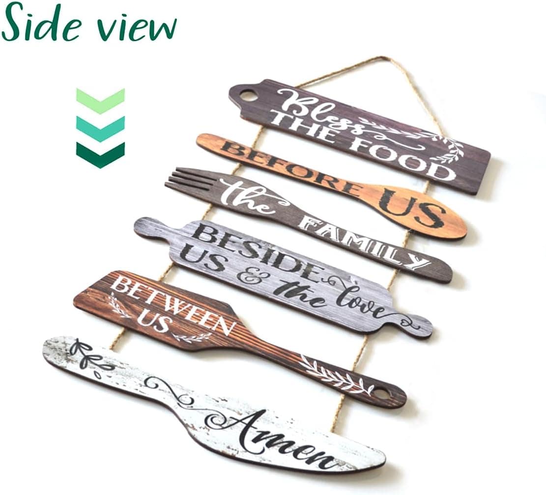 Bless the Food Before Us Farmhouse Kitchen Wall Decor – Dining Room Decorations Collage Wall Art in Neutral Grey Color – Wooden Rustic 6pcs Roped Sign 25×14 Inches Vertical
