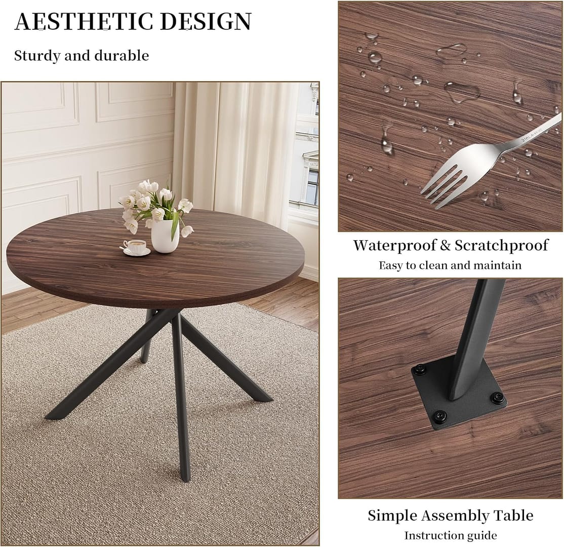 45.3 Inch Round Dining Table Set for 4, Mid Century Modern Small Coffee Set for Dining Room Kitchen Apartment (Walnut Table + 4 U-Shaped Black Chairs)