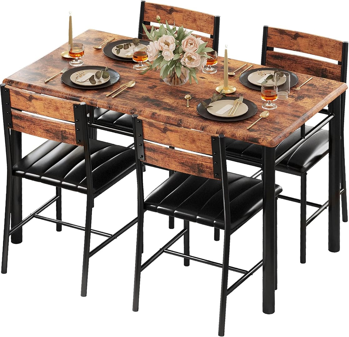 IRONCK Dining Table Set for 4, Wood Kitchen Table with Upholstered Chairs Dinning Table Set for Kitchen & Dining Room, Compact Dining Set for Small Spaces, Rustic Brown
