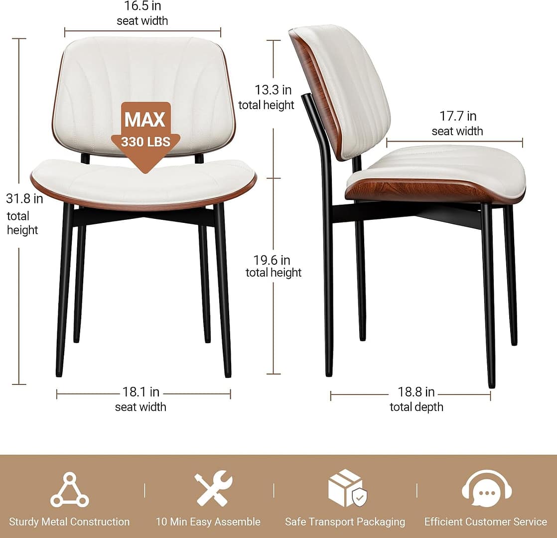 Dining Chairs Set of 4, Mid-Century Modern Upholstered PU Leather Chairs with Walnut Bentwood Back and Metal Legs Adjustable Feet for Kitchen Dining Room, Off-White Shell Strips