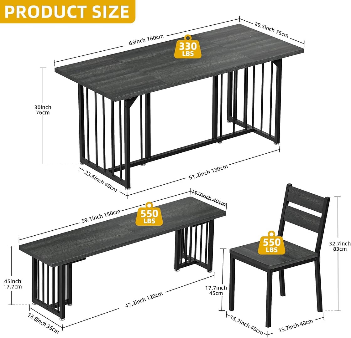 DWVO 6-Piece Dining Table Set for 6-8 People 63 Inch Kitchen Table Set with 2 Benches and 4 Chairs Farmhouse Rectangular Dining Room Table Set for Kitchen Dining Room Apartment Dark Grey