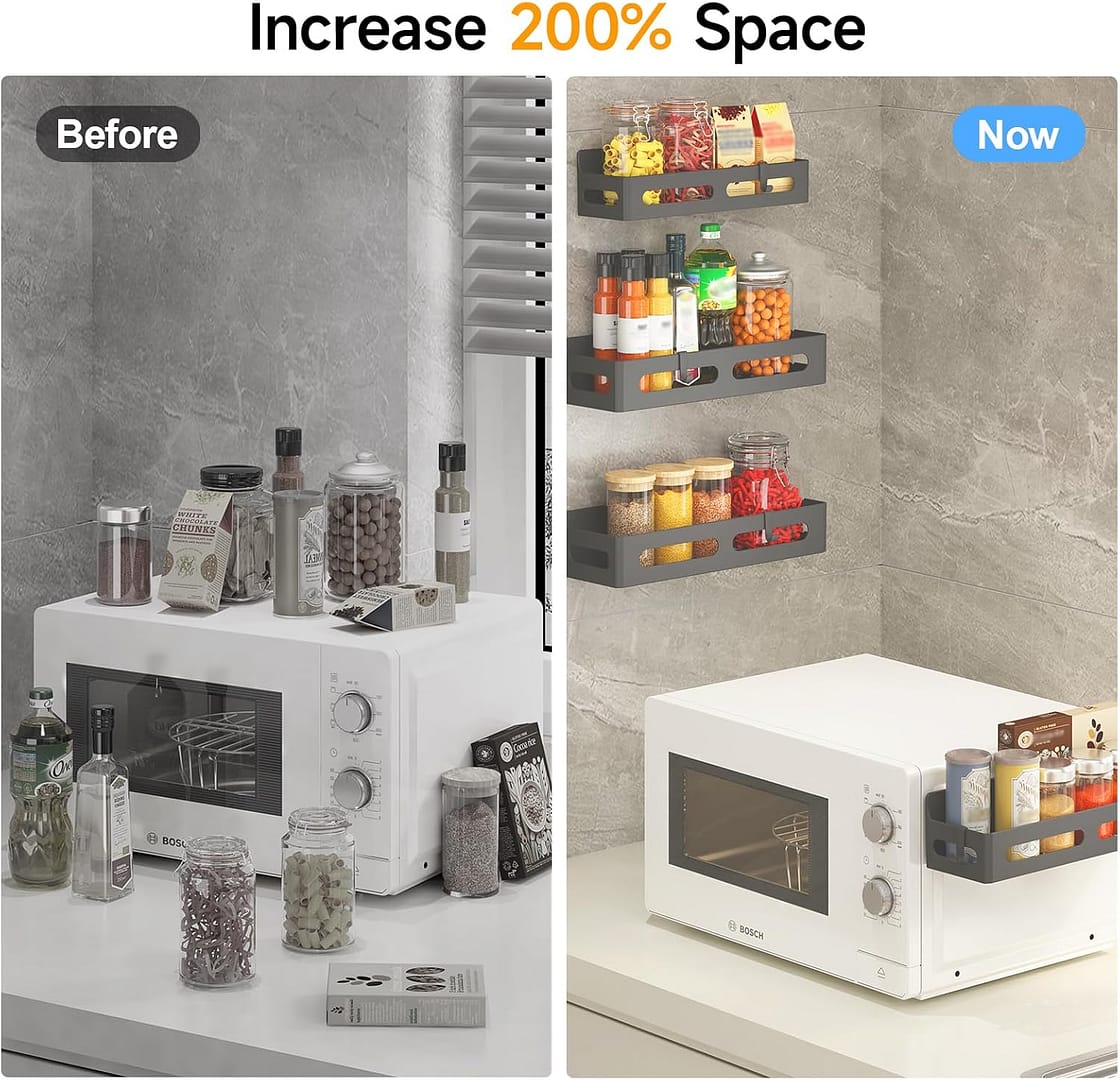 4 Pack Magnetic Spice Rack for Refrigerator, Spice Rack Organizer, Moveable Magnetic Shelf Fridge Organizer with 4 Hooks for Kitchen and Oven Organization, Black