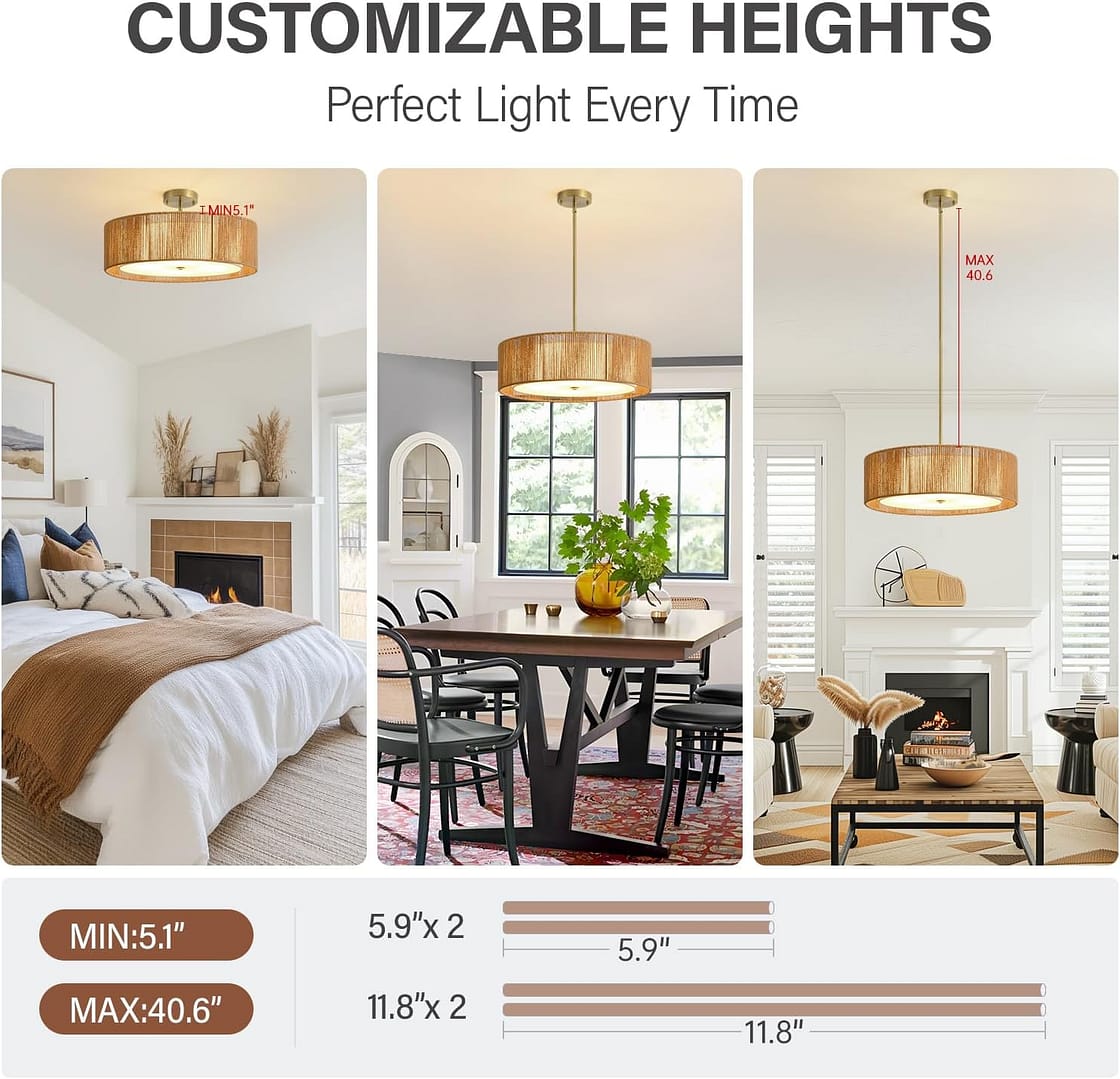 Boho Chandelier Chandeliers for Dining Room, Rattan Chandelier with Fabric Shade, Coastal Hand Woven Pendant Light Fixture for Kitchen Island Entryway Foyer Living Room Bedroom UL Listed