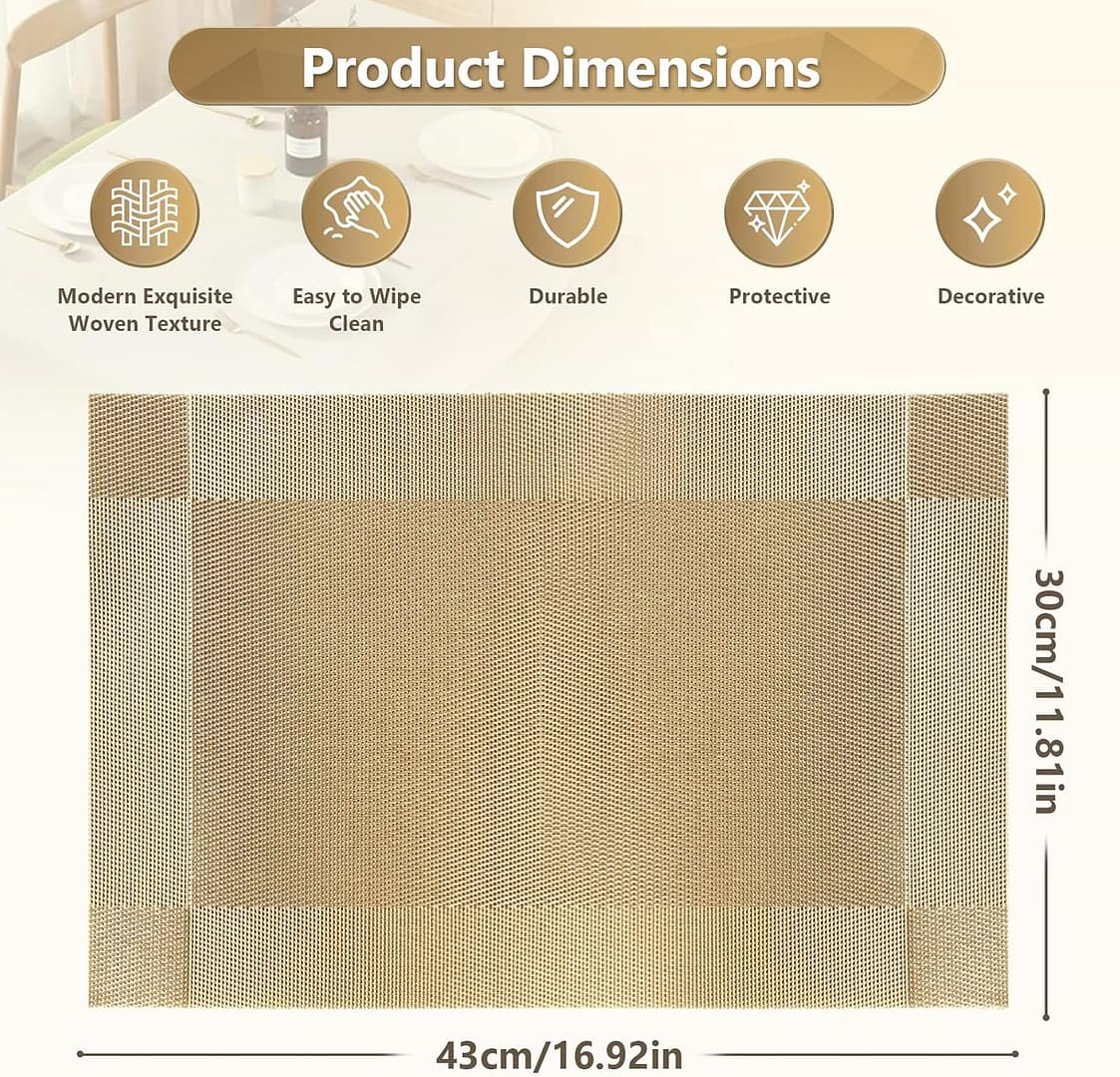 FGSAEOR Placemats Set of 6, Place Mats for Kitchen Dining Table, Heat-Resistant Anti-Skid Stain Washable PVC Table Mats, Easy to Cleaning Woven Vinyl Dinner Mats, Gold