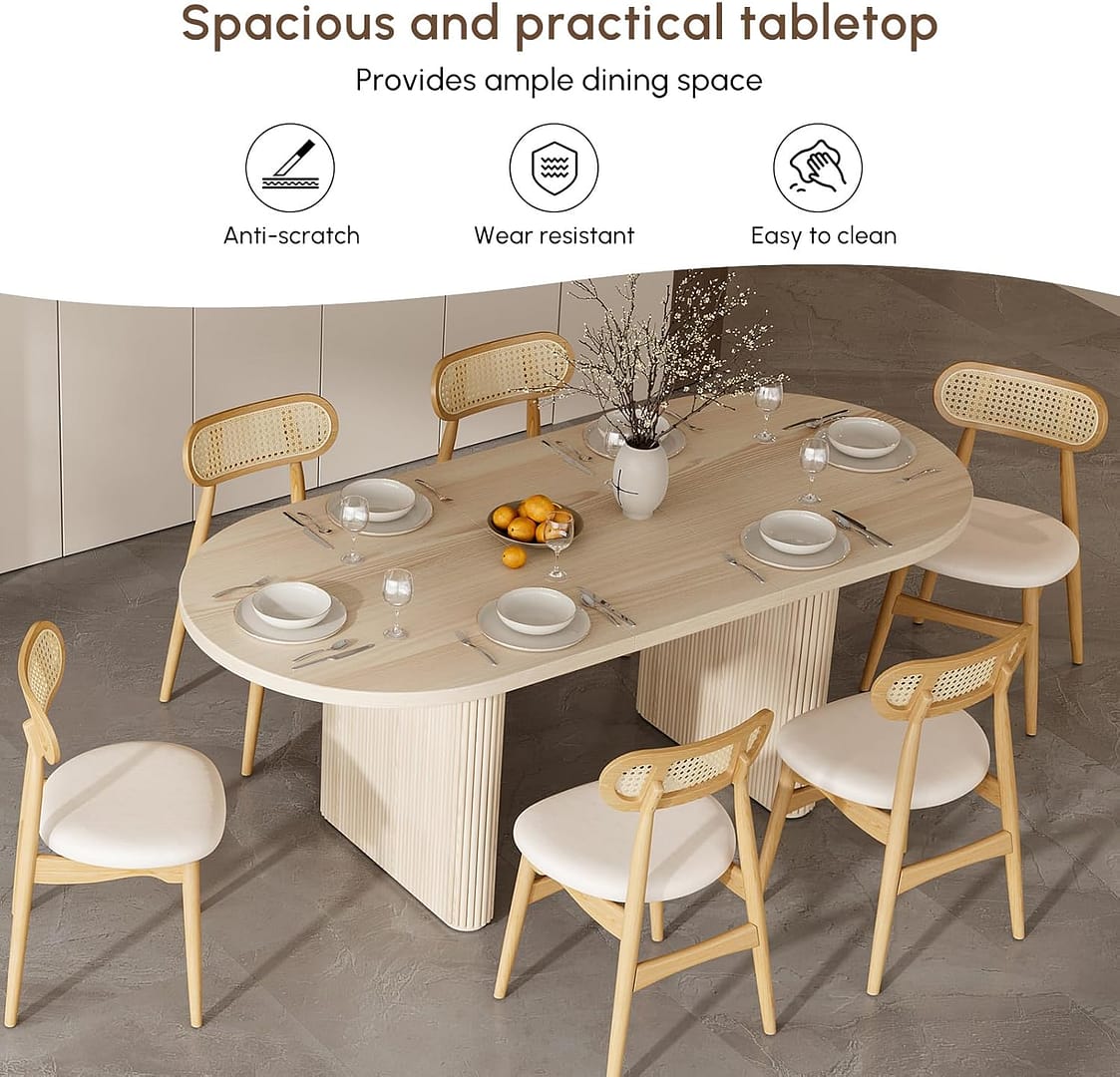 homary Oval Dining Table for 4-6, 63″-79″ Extendable Kitchen Table, Japandi Wooden Dining Room Table with Pedestal Base