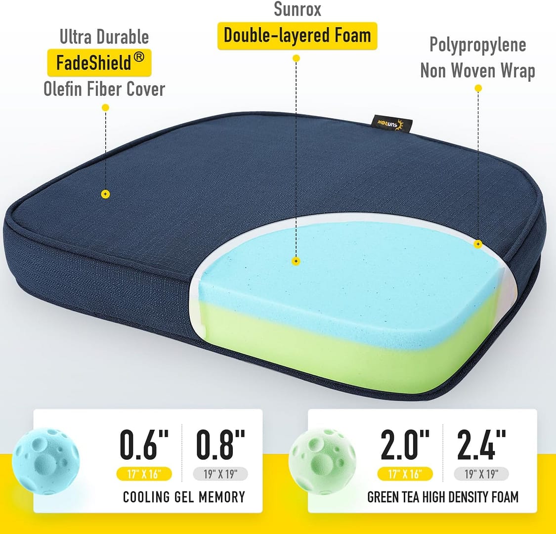 SUNROX Gel Memory Foam Chair Cushions, FadeShield Water-, Stain-Resistant Durable Reversible Seat Cushion Pads with Ties for Indoor/Outdoor Kitchen Dining Office 17″x16″ Set of 6, Navy