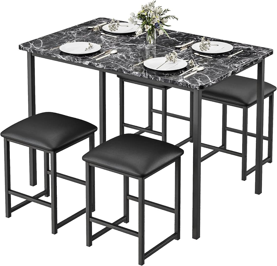 VECELO Kitchen Table and Chairs for 4, Dining Room Set with PU Chairs/Stools, Heavy-Duty Metal Frame, Faux Marble Tabletop, Space-Saving Design for Small Spaces, Easy Assembly, Black