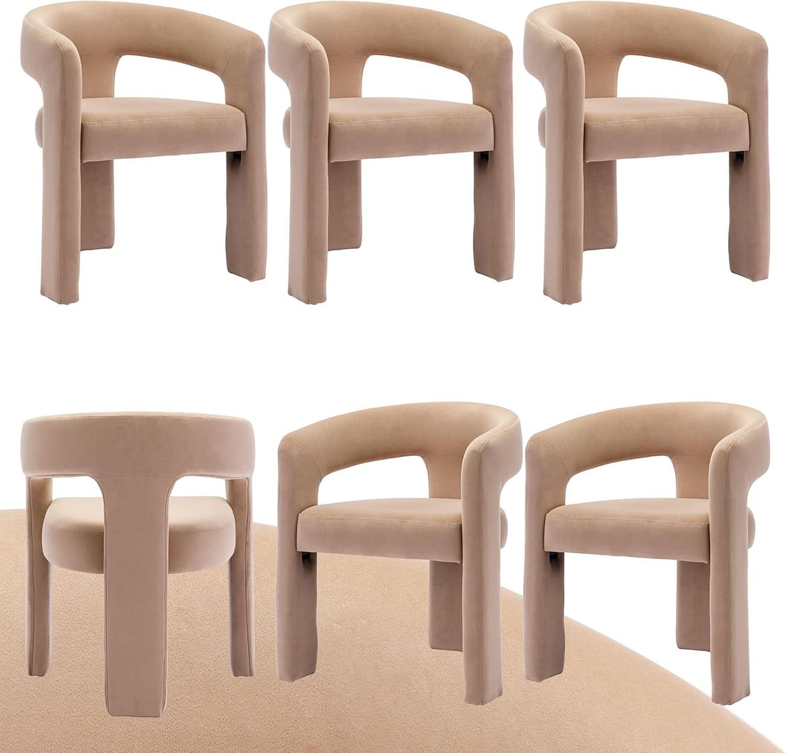 Modern Dining Chair Set of 6, Velvet Upholstered Barrel Kitchen Chair, Round Dining Chairs with Wooden Legs, Assembled Accent Armchairs for Dining Room/Living Room/Bedroom/Side, Khaki