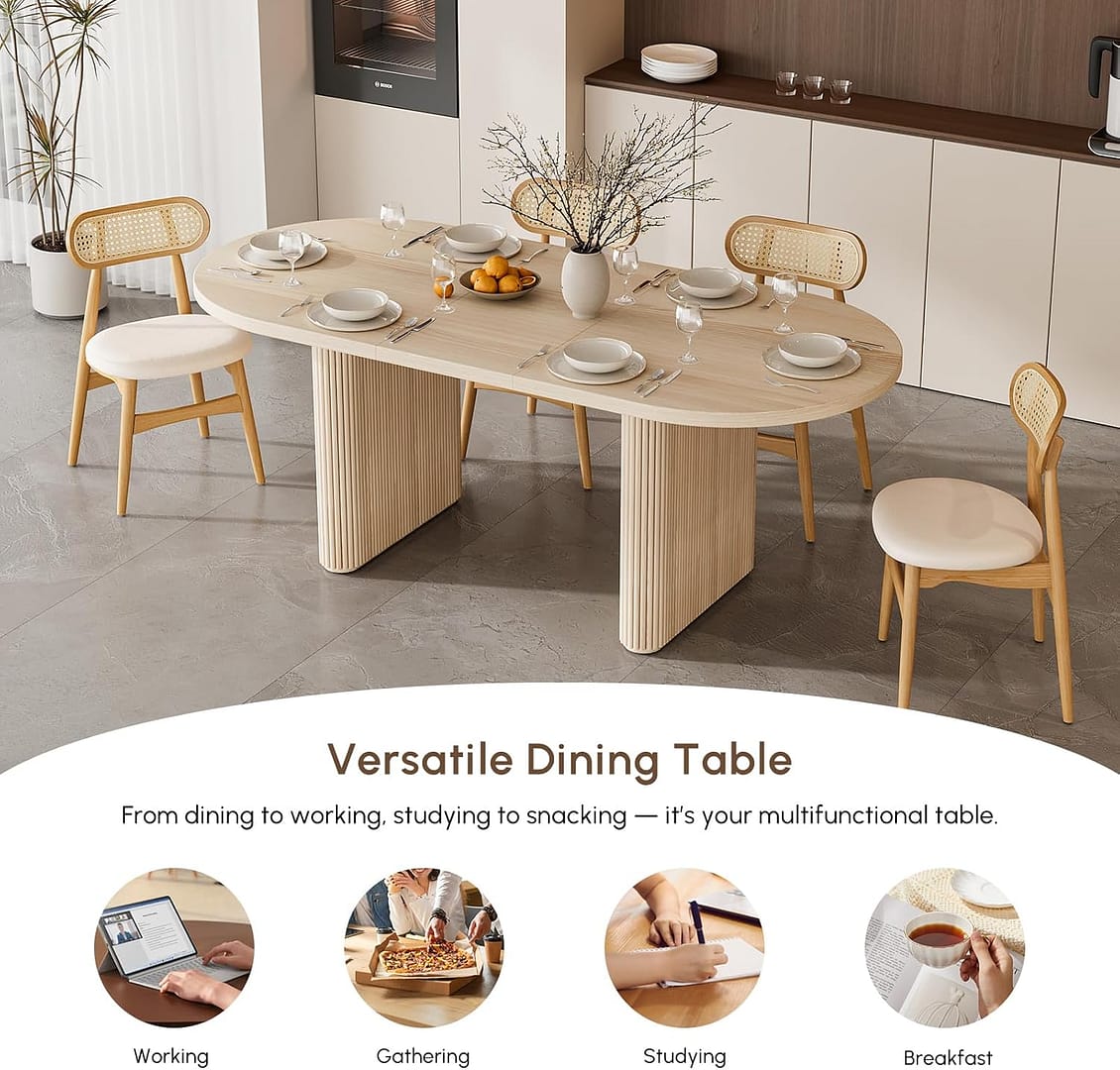 homary Oval Dining Table for 4-6, 63″-79″ Extendable Kitchen Table, Japandi Wooden Dining Room Table with Pedestal Base