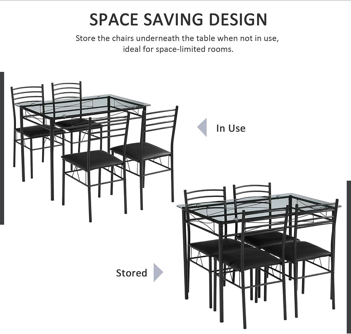 VECELO Kitchen Dining Table and Chairs Set for 4, PU Padded Seat & Glasses Tabletop, Space Saving, Matte Black
