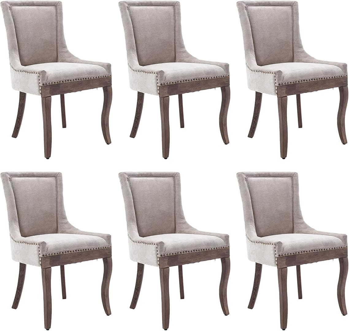Aoowow Fabric Vintage Upholstered Side Chairs Set of 6, Farmhouse Solid Wood Kitchen Dining Room Chairs with Nailheads Legs (Fabric Beige)