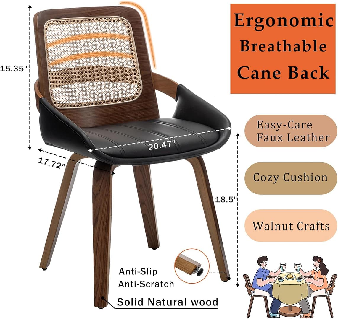 Set of 4 Black Rattan Dining chair – Mid Century Modern Dining Chair with Ergonomic Cane Back, Bentwood Frame, Faux Leather Seat, Arms, Walnut Dining Chairs for Living Room/Kitchen (Walnut Black)
