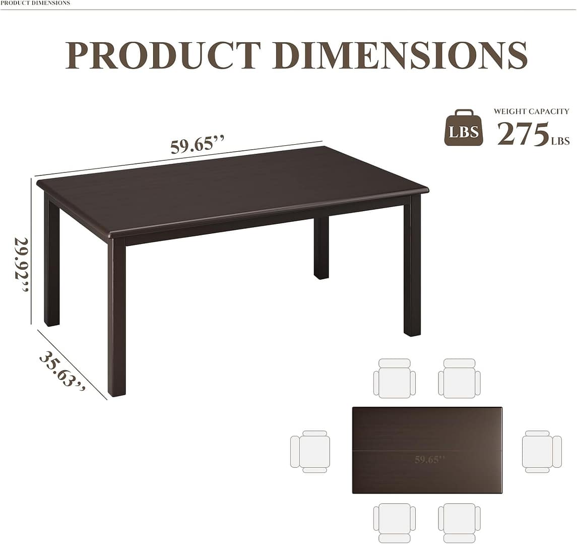 COLAMY Rectangle Dining Table for 6, 60 Inch Wooden Kitchen Table with Wood Legs, Farmhouse Dinner Table for Dining Room, Brown