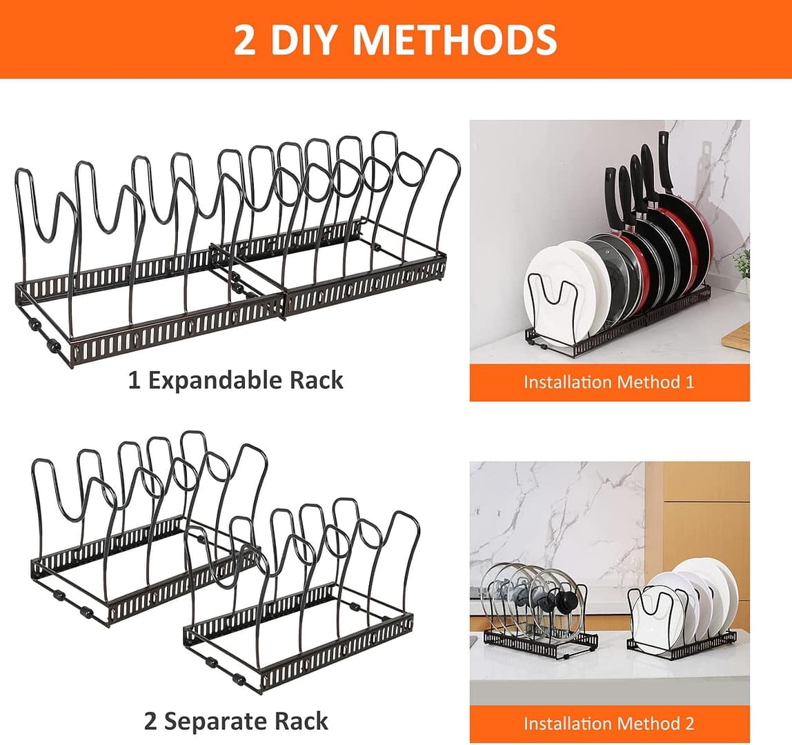 ROOHUA Pot Rack -Expandable Pan Organizer for Cabinet,Pot Lid Holder with 10 Adjustable Compartment for Kitchen Cabinet Cookware Baking Frying Rack,Bronze