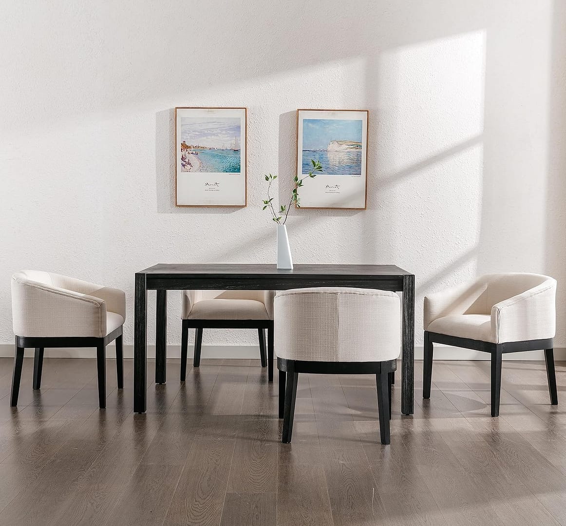 Beige Dining Chairs Set of 2 Mid-Century Modern Dining Chairs Linen Upholstered Kitchen Dining Room Chairs Curved Backrest Dining Chairs with Black Wood Legs