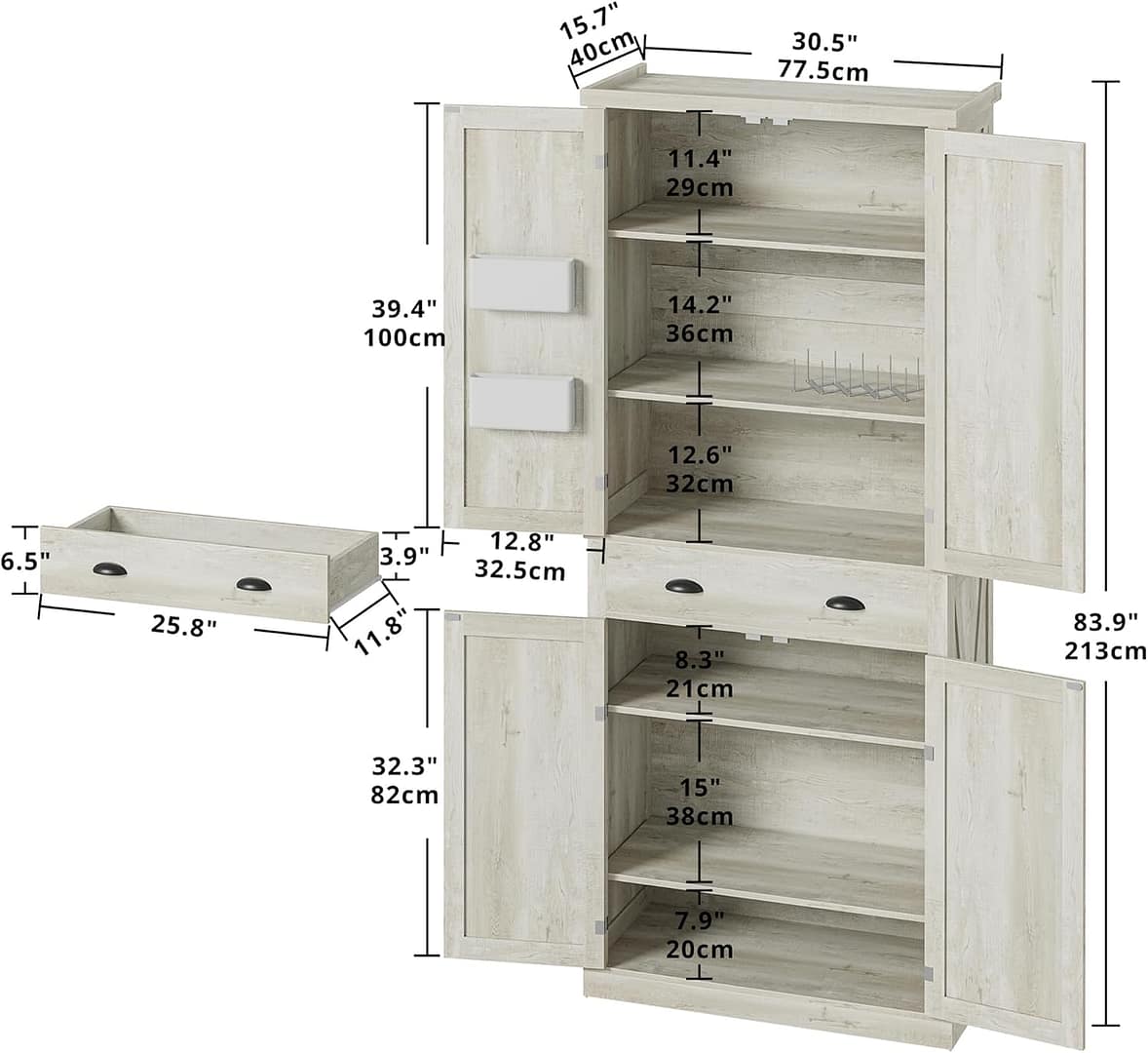 IRONCK Kitchen Pantry Storage Cabinet 83.9″ H, with Barn Doors, Drawer, 4 Adjustable Shelves, Freestanding Cupboard for Dining Room Living Room, Laundry, Rustic Maple