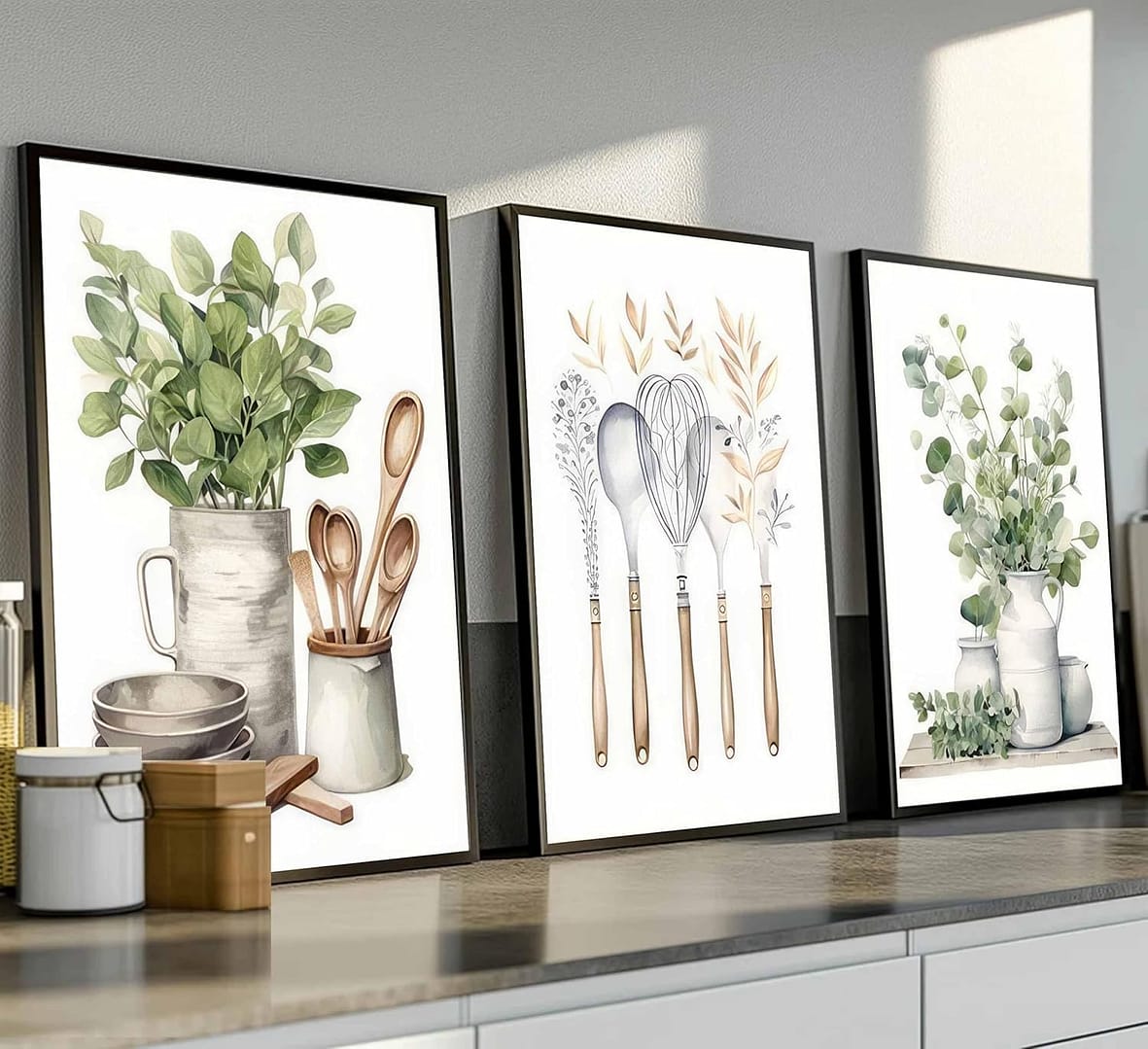 3 Pcs Sage Green Farmhouse Kitchen Canvas Wall Art Minimalist Dining Room Eucalyptus leaves plant Painting Pictures Wall Decor Poster Print Artwork For Dining Room kitchen Home Decoration Unframed