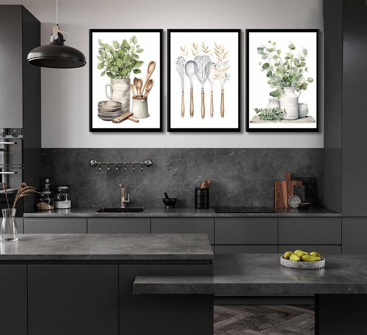 3 Pcs Sage Green Farmhouse Kitchen Canvas Wall Art Minimalist Dining Room Eucalyptus leaves plant Painting Pictures Wall Decor Poster Print Artwork For Dining Room kitchen Home Decoration Unframed