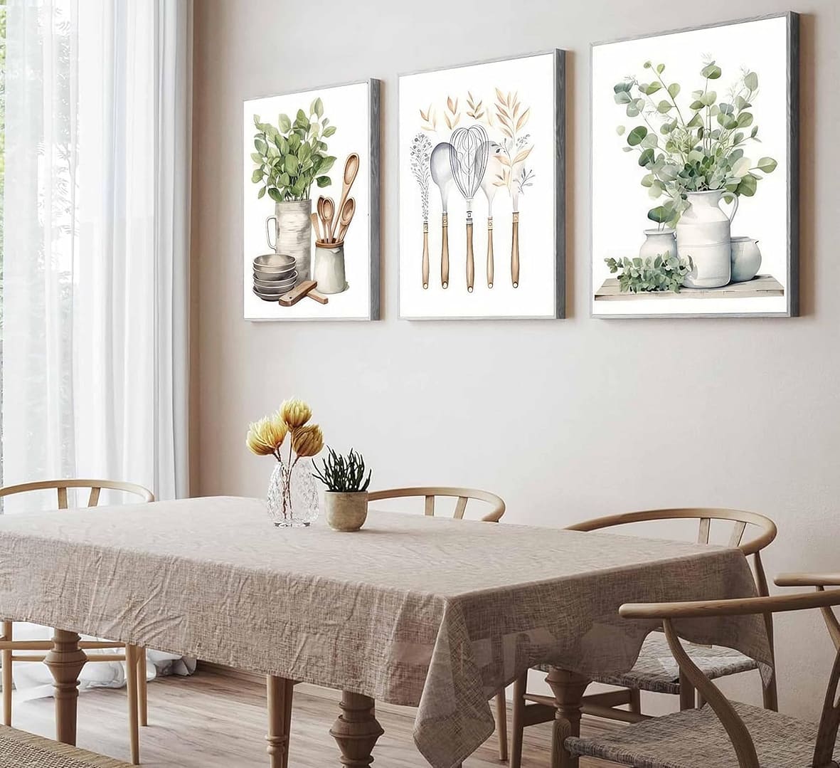 3 Pcs Sage Green Farmhouse Kitchen Canvas Wall Art Minimalist Dining Room Eucalyptus leaves plant Painting Pictures Wall Decor Poster Print Artwork For Dining Room kitchen Home Decoration Unframed