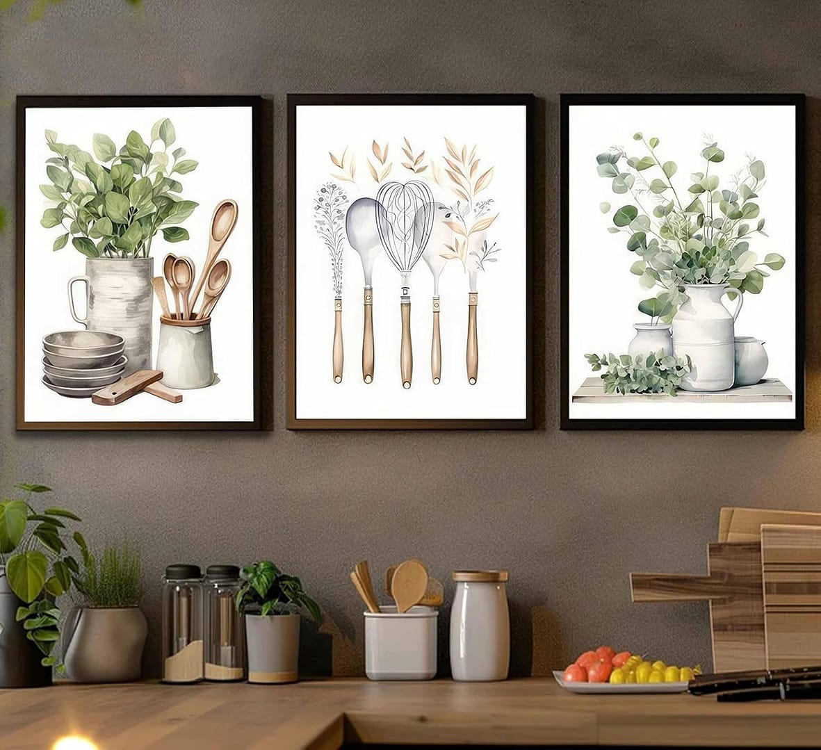 3 Pcs Sage Green Farmhouse Kitchen Canvas Wall Art Minimalist Dining Room Eucalyptus leaves plant Painting Pictures Wall Decor Poster Print Artwork For Dining Room kitchen Home Decoration Unframed