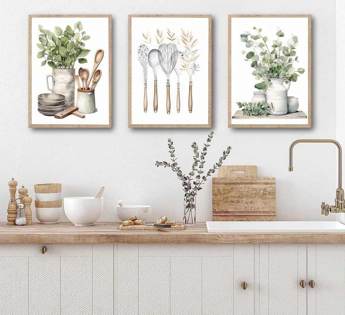 3 Pcs Sage Green Farmhouse Kitchen Canvas Wall Art Minimalist Dining Room Eucalyptus leaves plant Painting Pictures Wall Decor Poster Print Artwork For Dining Room kitchen Home Decoration Unframed