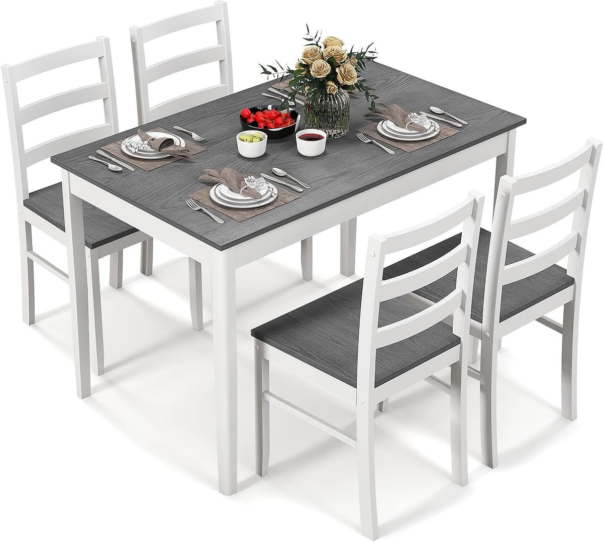 COSTWAY Dining Table Set for 4, Wood Kitchen Table Chairs Set with Rubber Wood Legs, Space-Saving Design, Modern 5-Piece Dinette Set for Small Place, Kitchen, Dining Room, Restaurant (Grey)