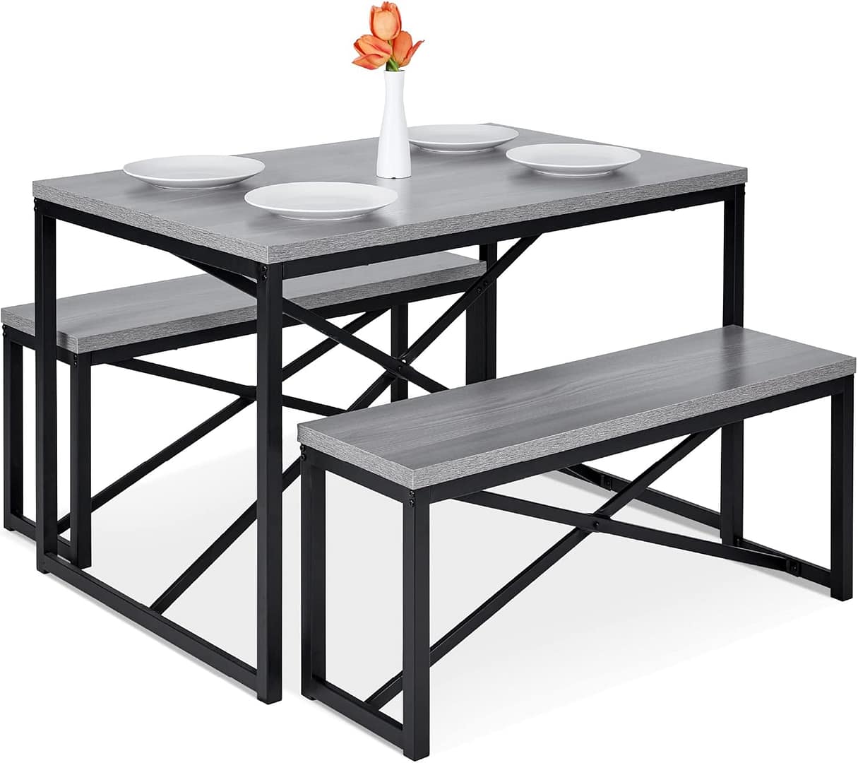 Best Choice Products 45.5in 3-Piece Bench Style Dining Furniture Set, 4-Person Space-Saving Dinette for Kitchen, Dining Room w/ 2 Benches, Table - Gray/Black
