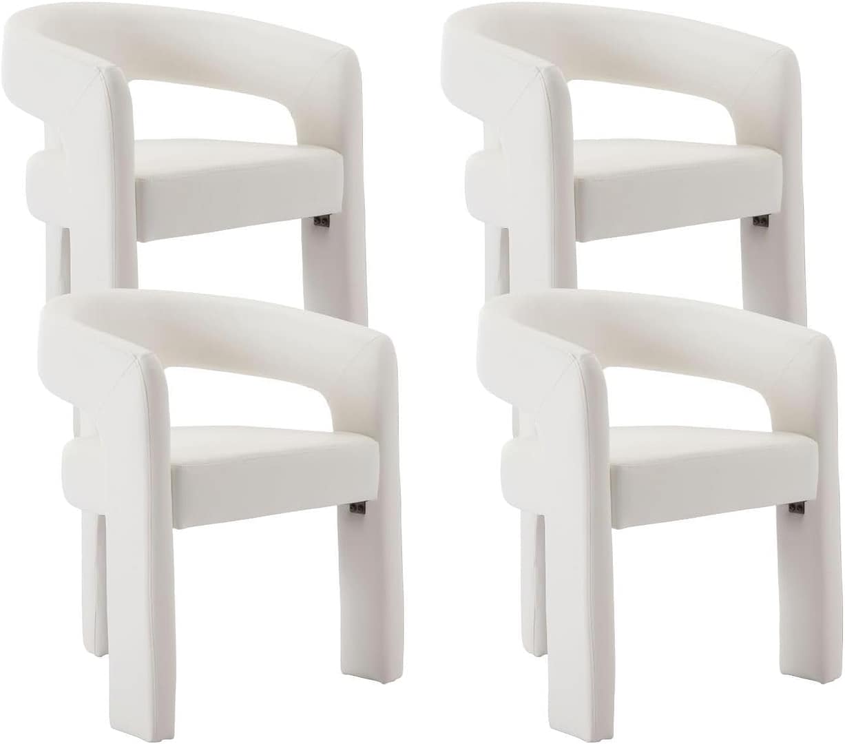 Set of 4 Modern Barrel Dining Chairs, White PU Leather Upholstered Accent Side Chair with Arms Comfy Makeup Vanity Chairs, Dining Living Room Kitchen Chairs