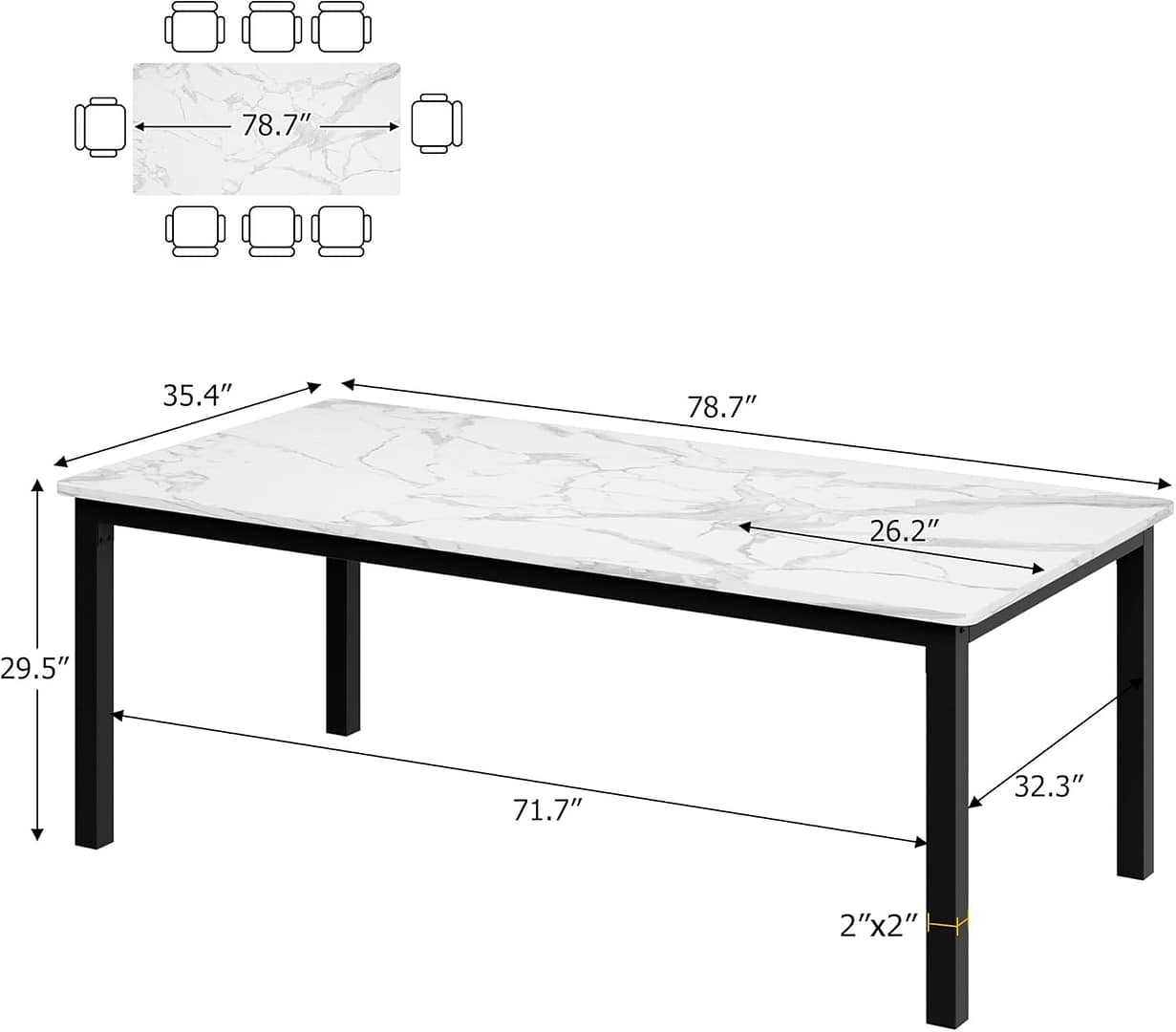 78.7in Industrial Dining Table for 8, Wooden Long Dinner Table with Mortise Tenon Design, Kitchen Table with Sturdy Metal Legs, for Dining Room Home Office Living Room, White Faux Marble