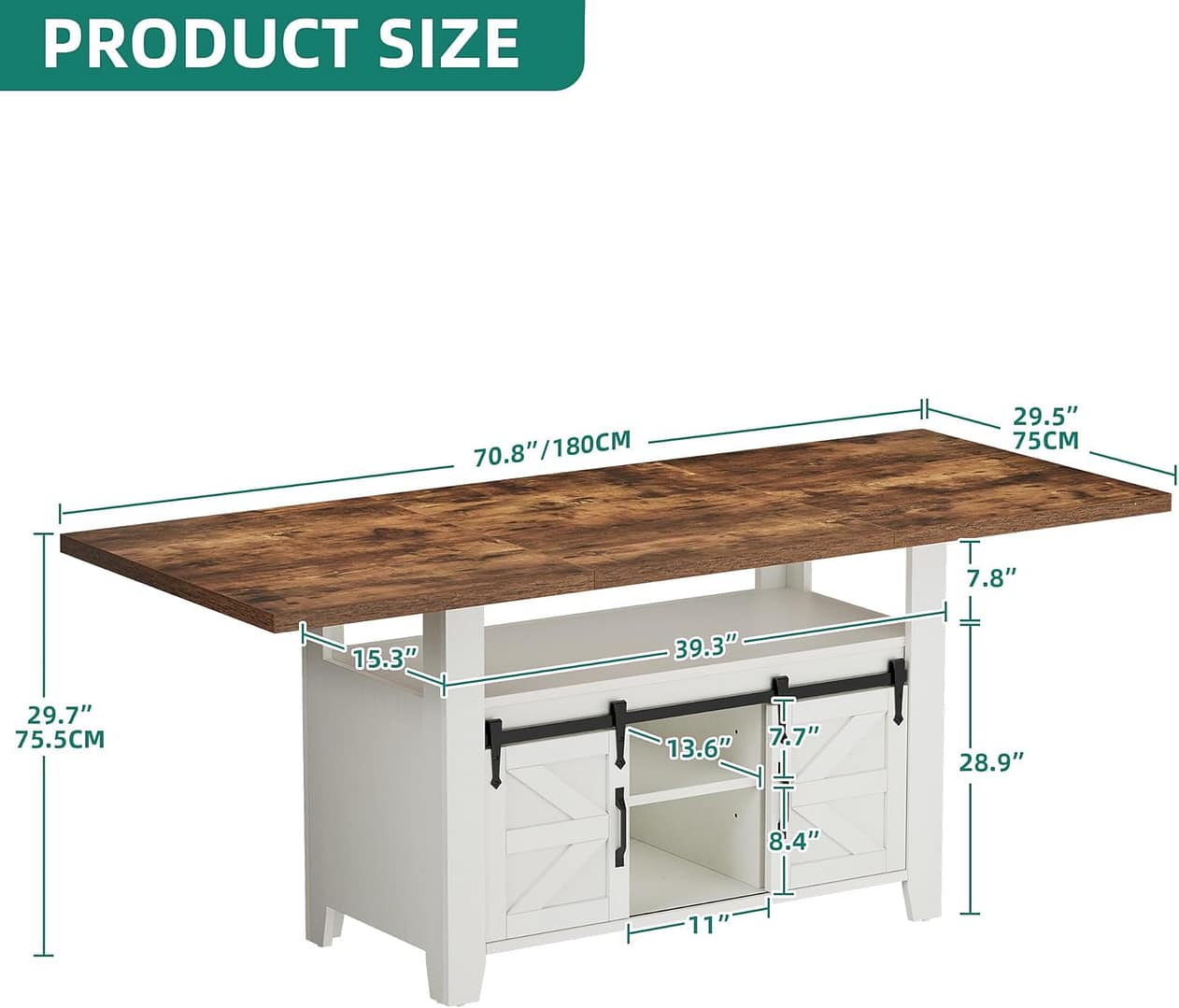 DWVO 70 Inches Rectangle Dining Table for 6-8 People Farmhouse Kitchen Table Large Dinner Table with Storage Cabinet Rustic Wooden Table for Dining Room Kitchen Apartment Resturant, White