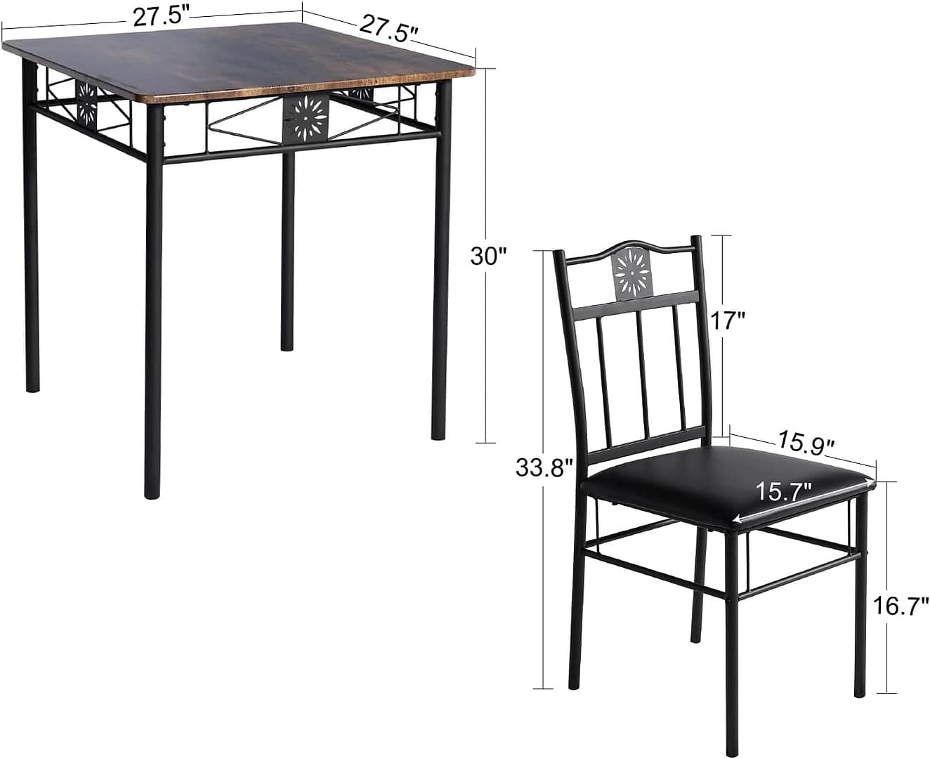 VECELO 3-Piece Kitchen Dining Room Table Set for Small Spaces, PU Padded Chairs, Retro Brown