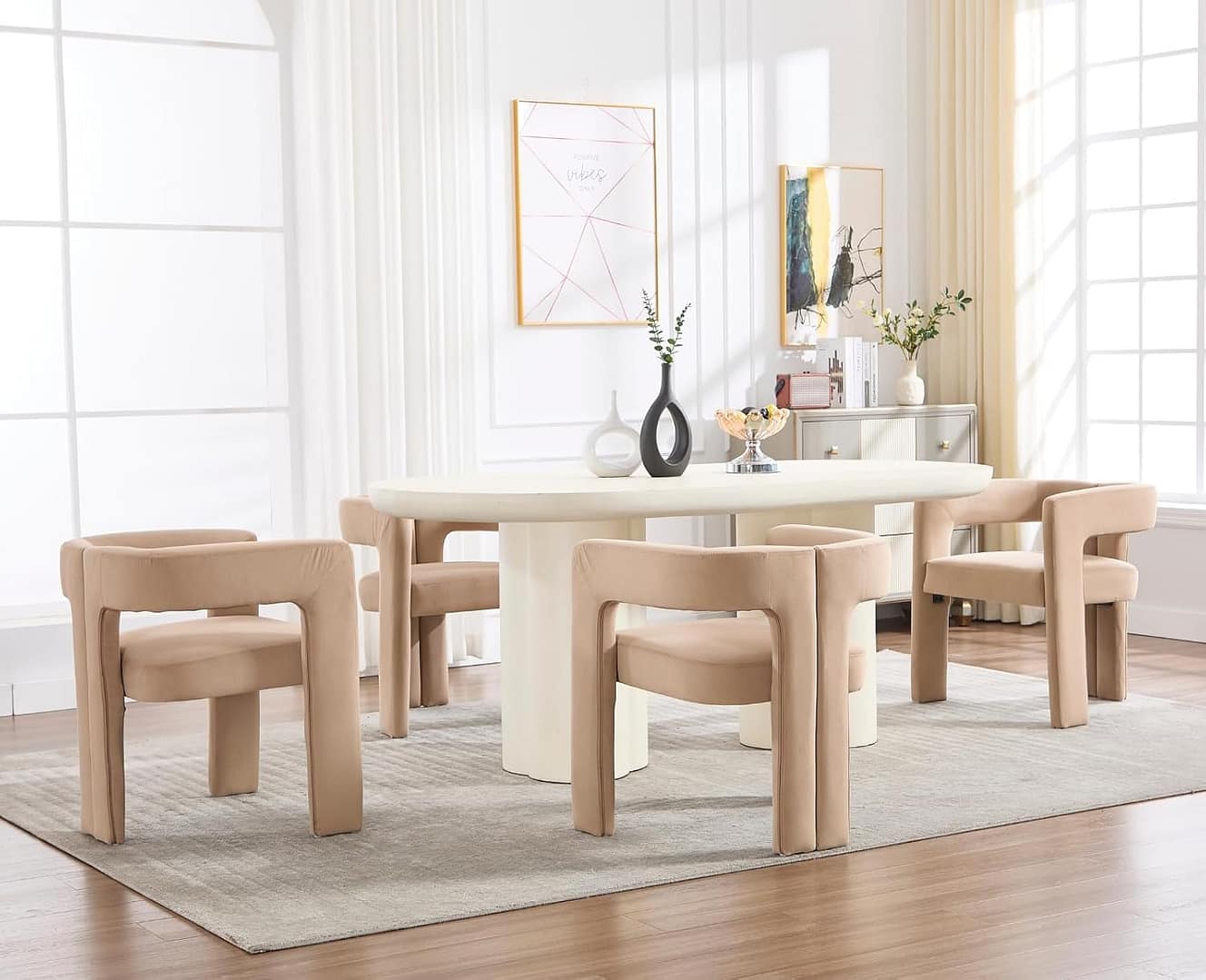 EALSON Modern Barrel Dining Chairs Set of 4 Velvet Upholstered Fabric Kitchen Chairs with Open Back and Arms Comfortable Accent Chairs Side Chairs for Dining Room/Living Room, Khaki