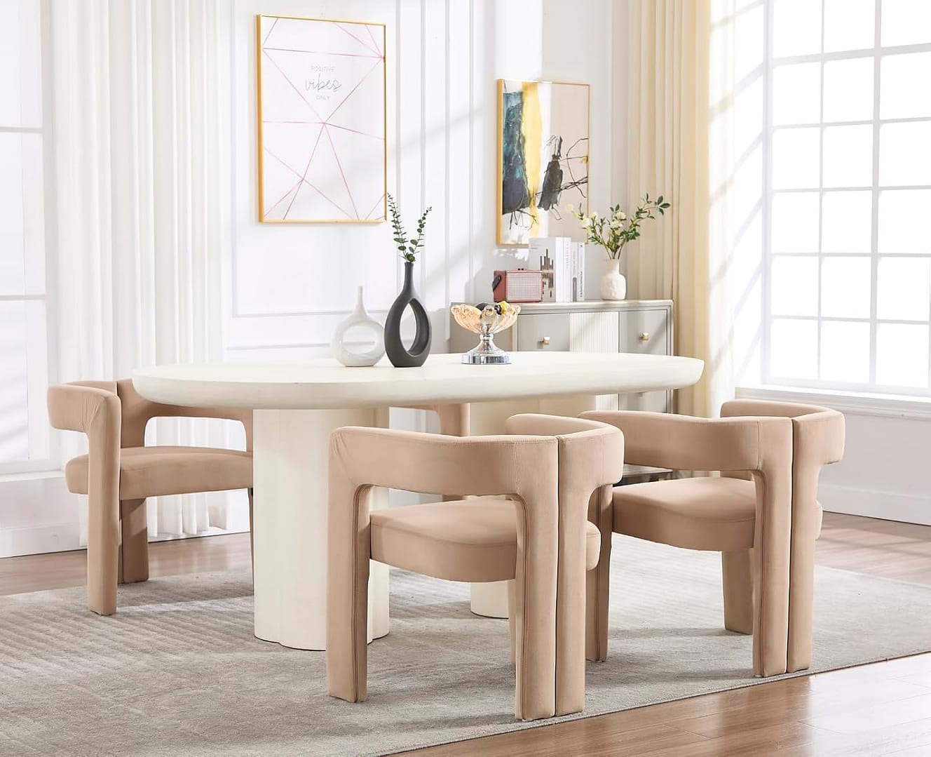 EALSON Modern Barrel Dining Chairs Set of 4 Velvet Upholstered Fabric Kitchen Chairs with Open Back and Arms Comfortable Accent Chairs Side Chairs for Dining Room/Living Room, Khaki