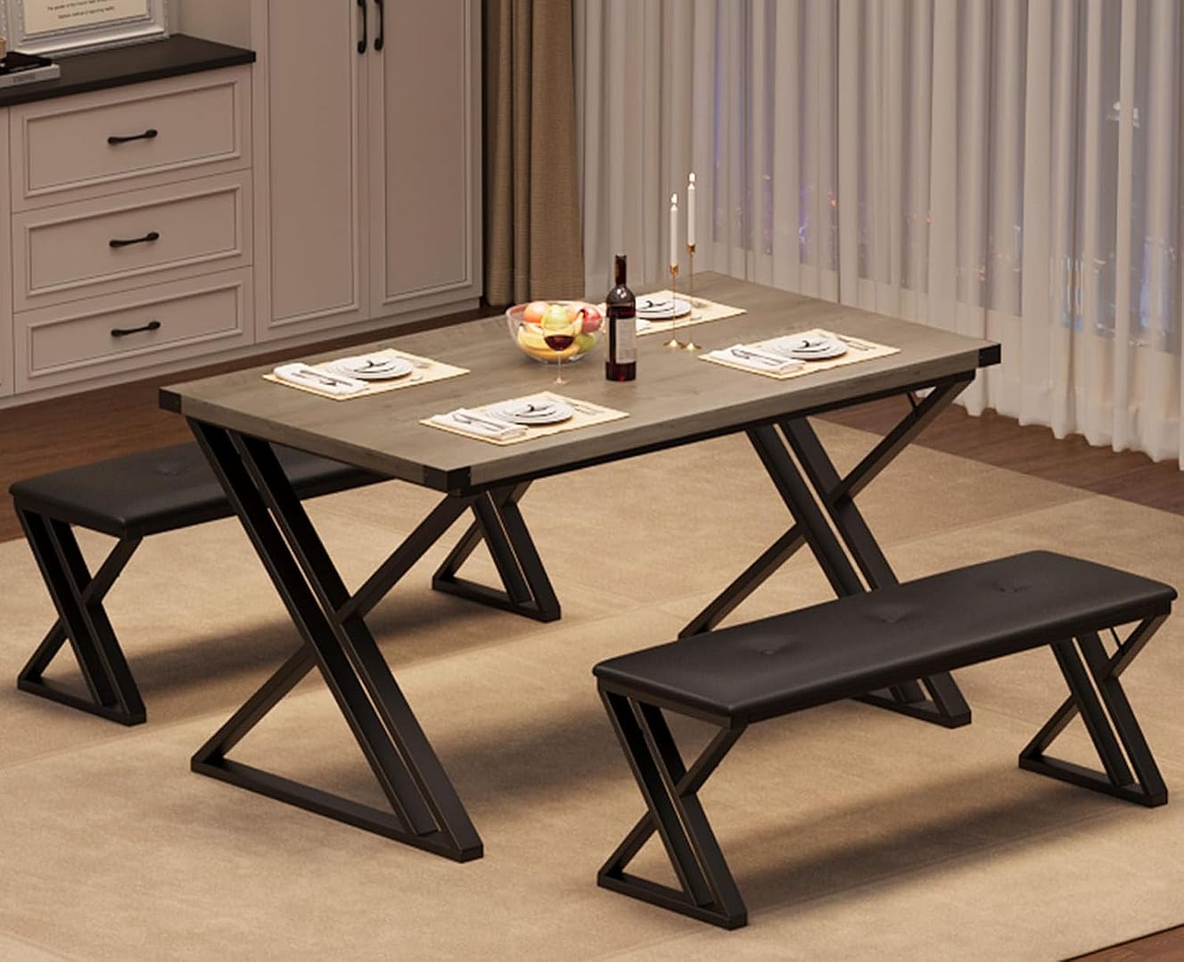 GAOMON Dining Table with 2 Benches, Kitchen Table Set for 4, 3 Piece Dining Table Set for Small Space, Apartment, Saving Space for Kitchen, Dining Room (1.18'' Inch Cusion)