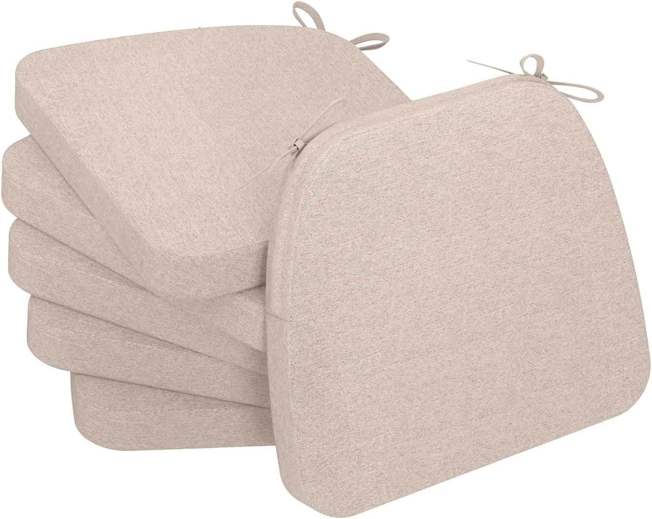 AAAAAcessories D-Shaped Chair Cushions for Dining Chairs with Ties and Removable Cover, 2'' Thick Dining Kitchen Chair Pads, Indoor Dining Room Chair Cushions, 17'' x 16'', 6 Pack, Beige