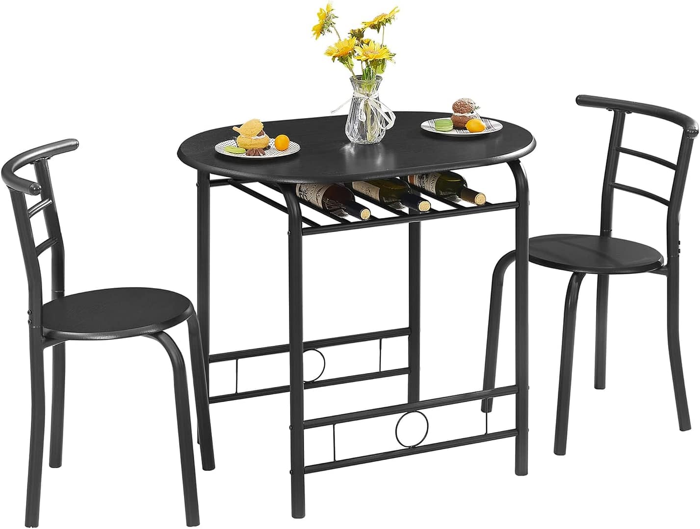 VECELO 3-Piece Dining Table Set for Kitchen Breakfast Nook, Wood Grain Oval Tabletop and Metal Frame with Built-in Wine Rack, for Small Spaces, 31.5", Black