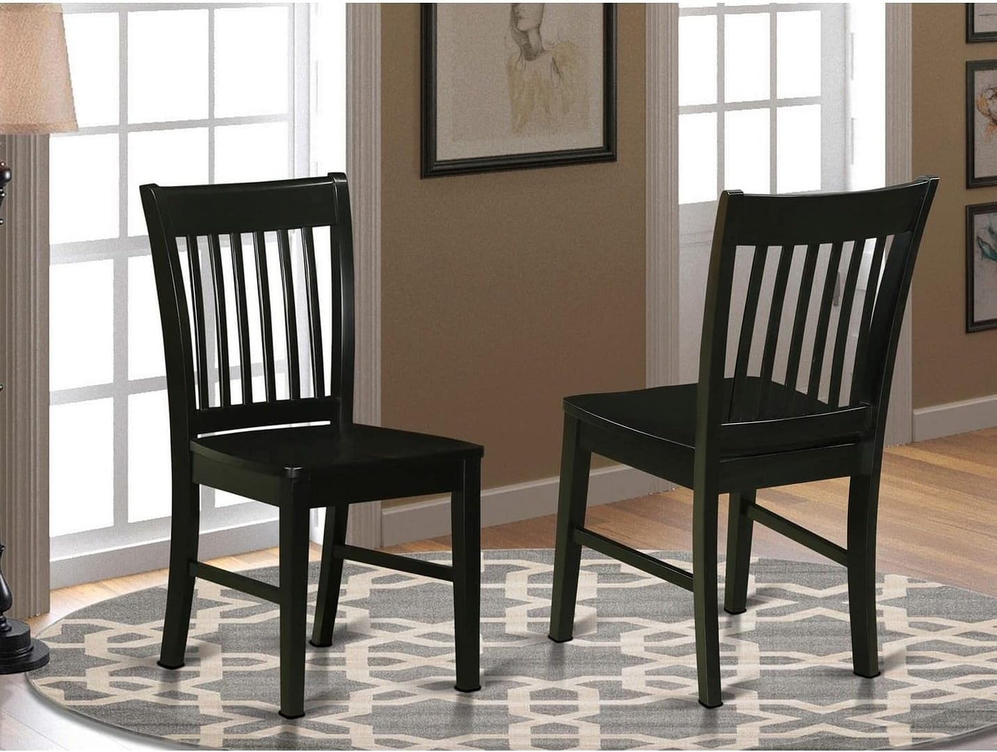 East West Furniture NFC-BLK-W Norfolk Dining Chairs – Slat Back Wood Seat Kitchen Chairs, Set of 2, Black