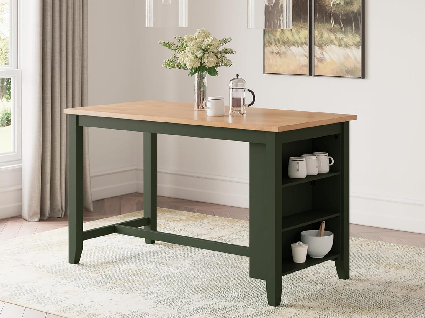 Signature Design by Ashley Gesthaven Modern Counter Height Dining Table with 3 Shelves and Trestle Base, Light Brown & Green