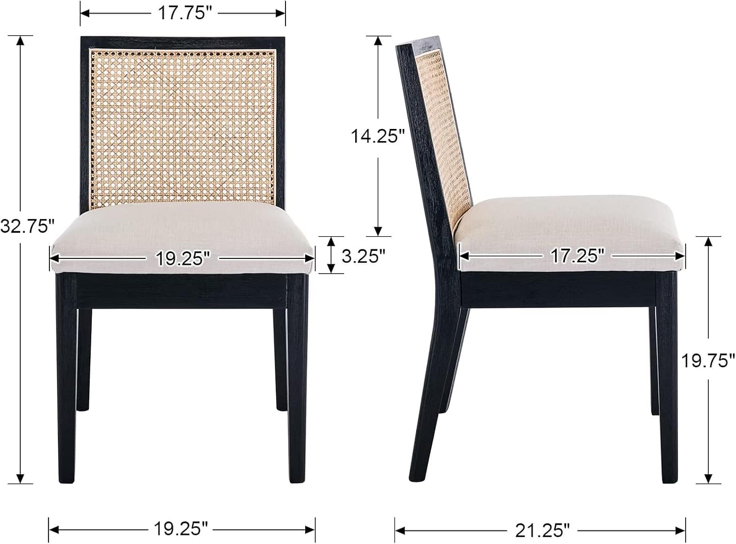 Farmhouse Rattan Dining Chairs Set of 6 Black Wood Dining Room Chairs Rectangle Cane Country Kitchen Chairs Upholstered Wood Dining Chair for Dining Room, Cream Linen