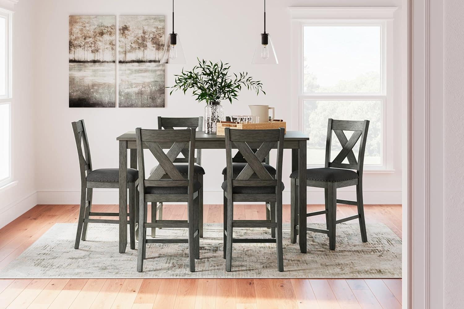 Signature Design by Ashley Caitbrook Casual Counter Height Dining Table and Upholstered Bar Stools with Nailhead Trim, Set of 7, Gray