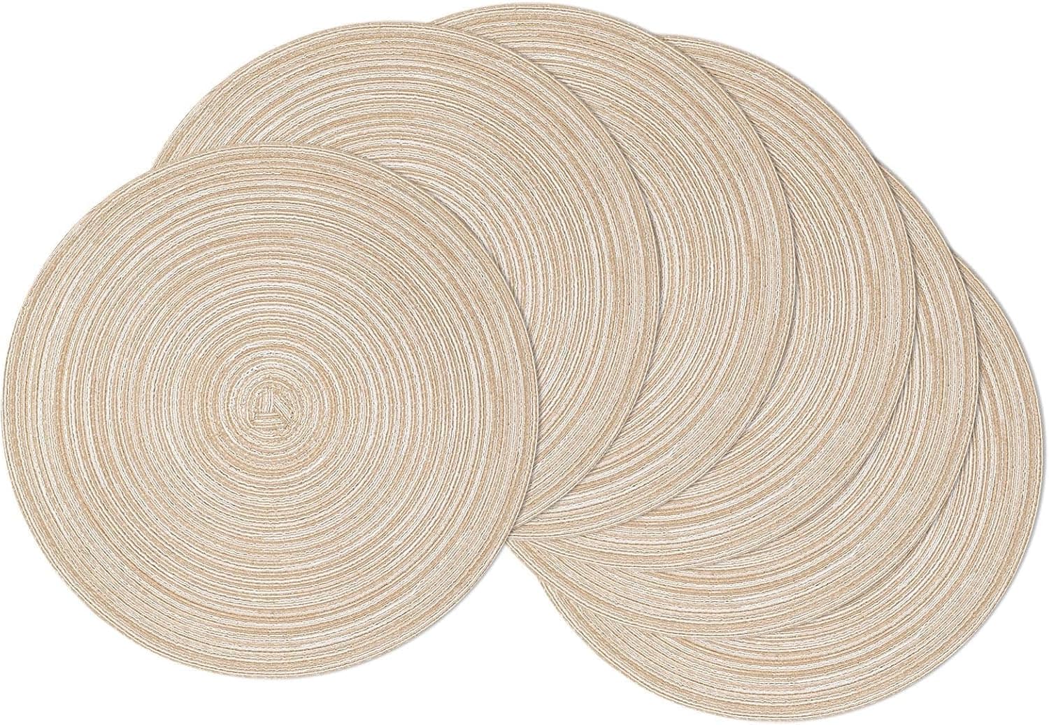 SHACOS 15 inch Round Braided Placemats Set of 6 Non Slip Heat Resistant Round Table Mats Washable Place Mats for Dinner Party Table Decoration (Beige, 6)