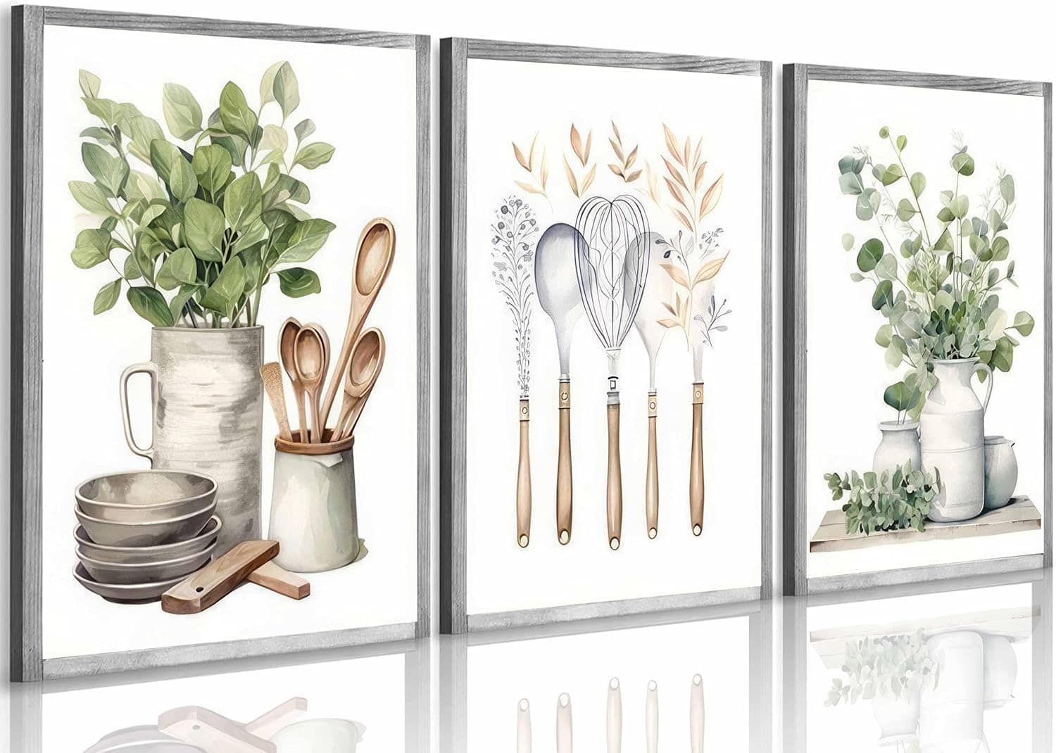 3 Pcs Sage Green Farmhouse Kitchen Canvas Wall Art Minimalist Dining Room Eucalyptus leaves plant Painting Pictures Wall Decor Poster Print Artwork For Dining Room kitchen Home Decoration Unframed